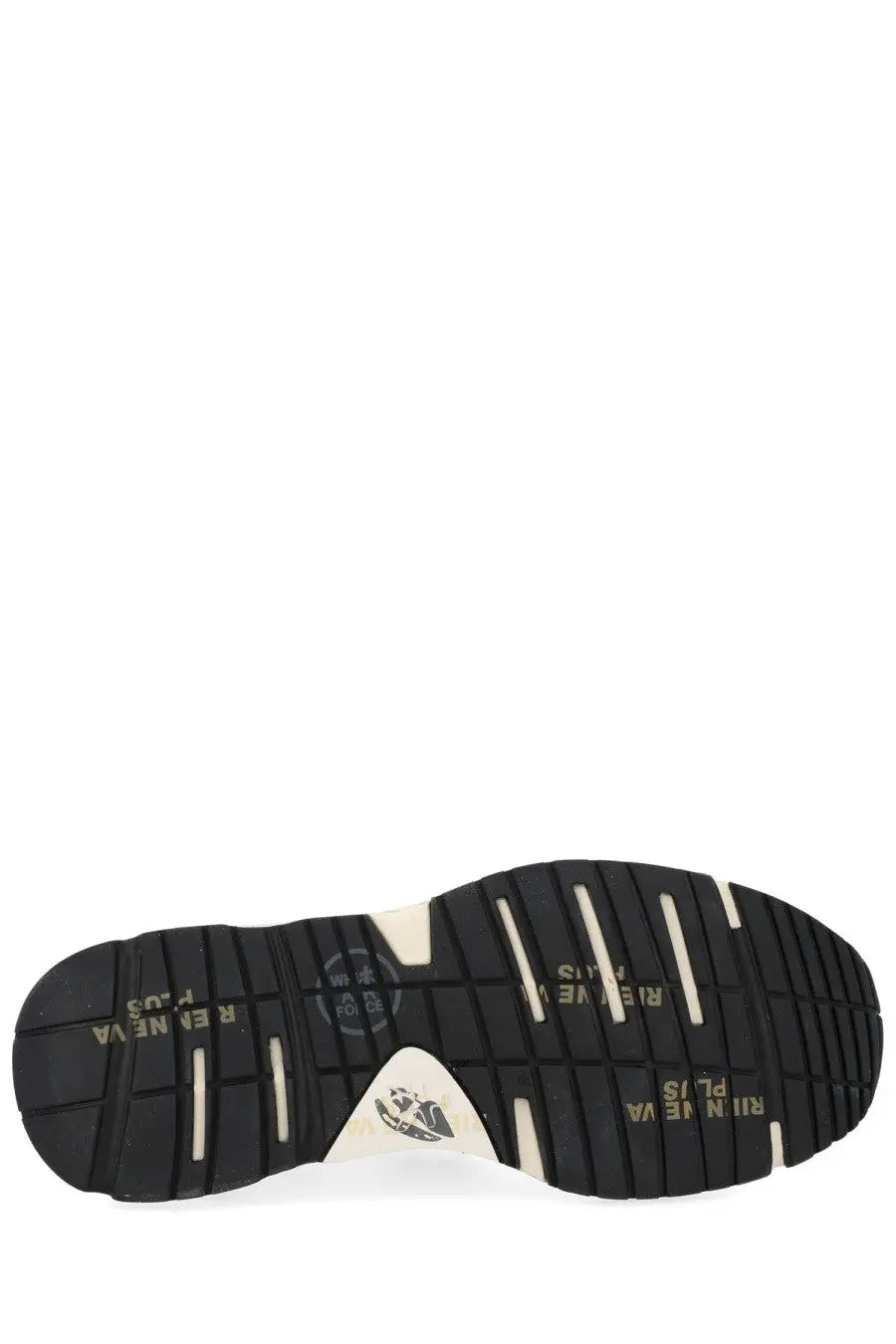 Black rubber sole with white accents and riinneva plus branding on premieta womens sneaker mased white