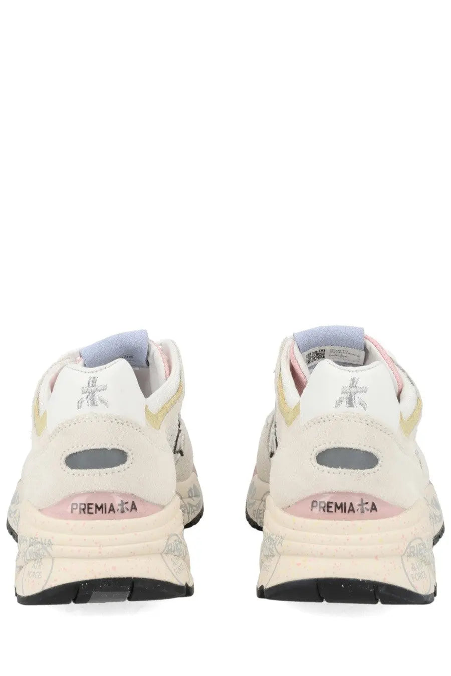 Cream-colored Premiata women’s sneaker mased white with subtle pink and yellow accents and textured rubber sole