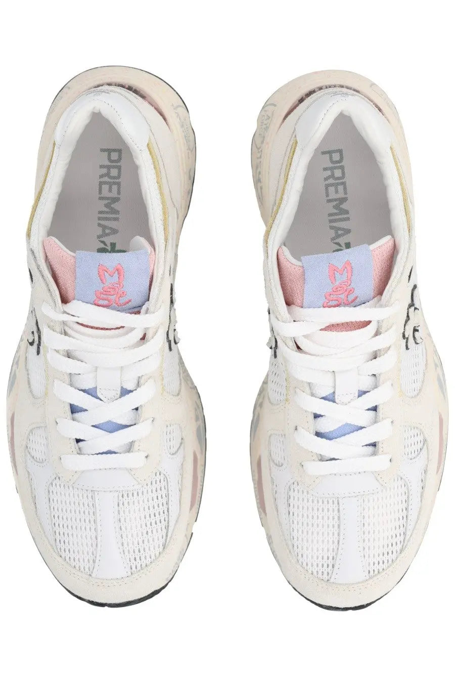 Premiata women’s sneaker mased white cream premia sneakers with white mesh uppers pink accents and black detailing