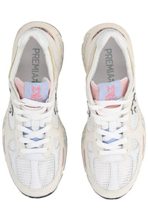 Premiata women’s sneaker mased white cream premia sneakers with white mesh uppers pink accents and black detailing