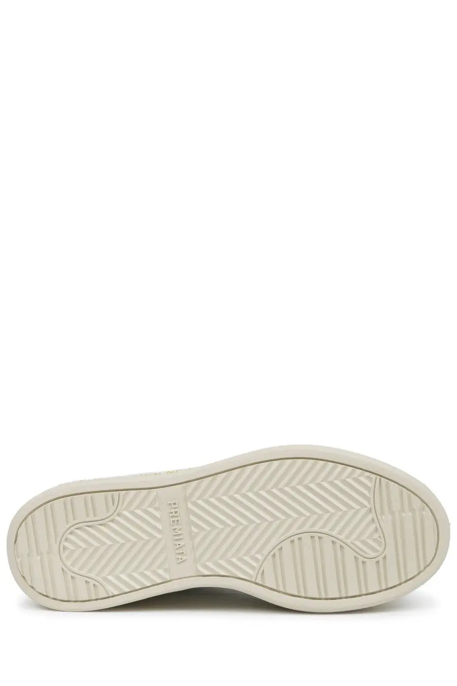 Cream-colored rubber sole with herringbone tread and premiala brand embossed on the back of premiata women’s sneaker micol white