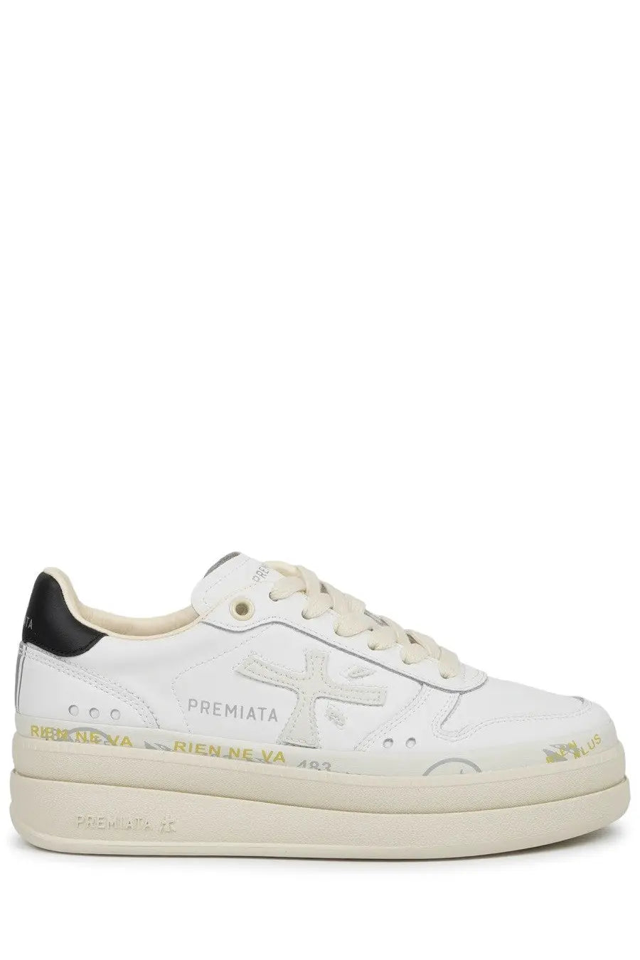 Premiata women’s sneaker micol white with distressed leather upper gold foil details black heel tab and off-white sole