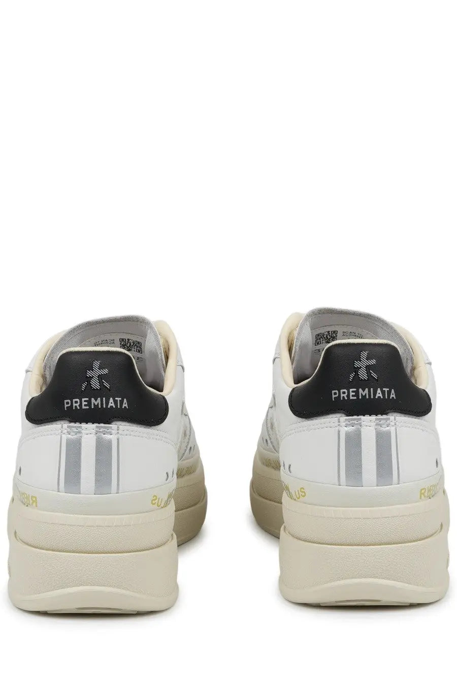 Premiata women’s sneaker micol white with black heel tabs and silver reflective stripes on leather sides visible from back