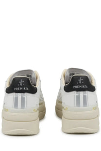Premiata women’s sneaker micol white with black heel tabs and silver reflective stripes on leather sides visible from back