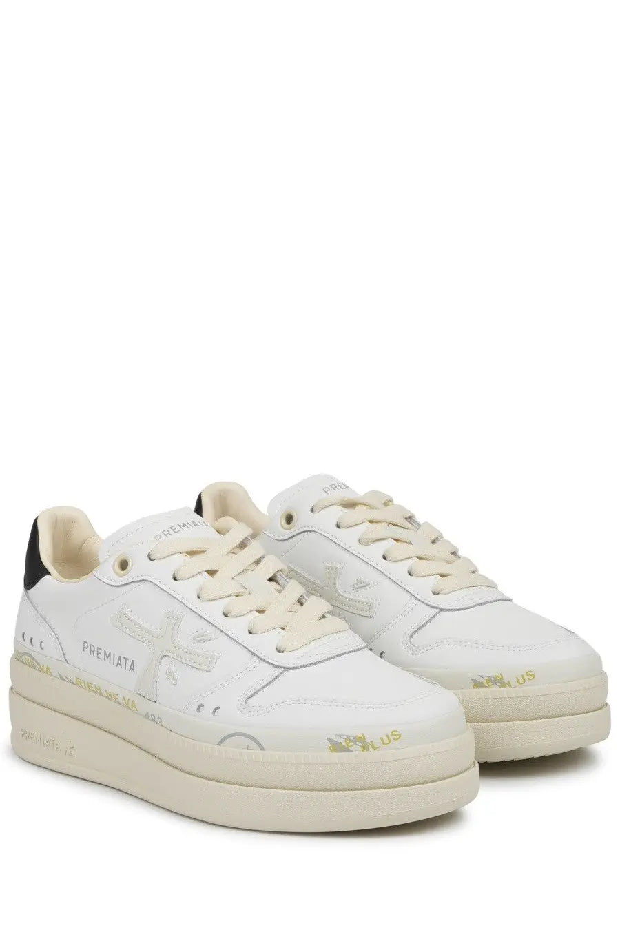 Premiata women’s sneaker Micol white with cream laces black heel tabs and subtle gold foil branding on the sides