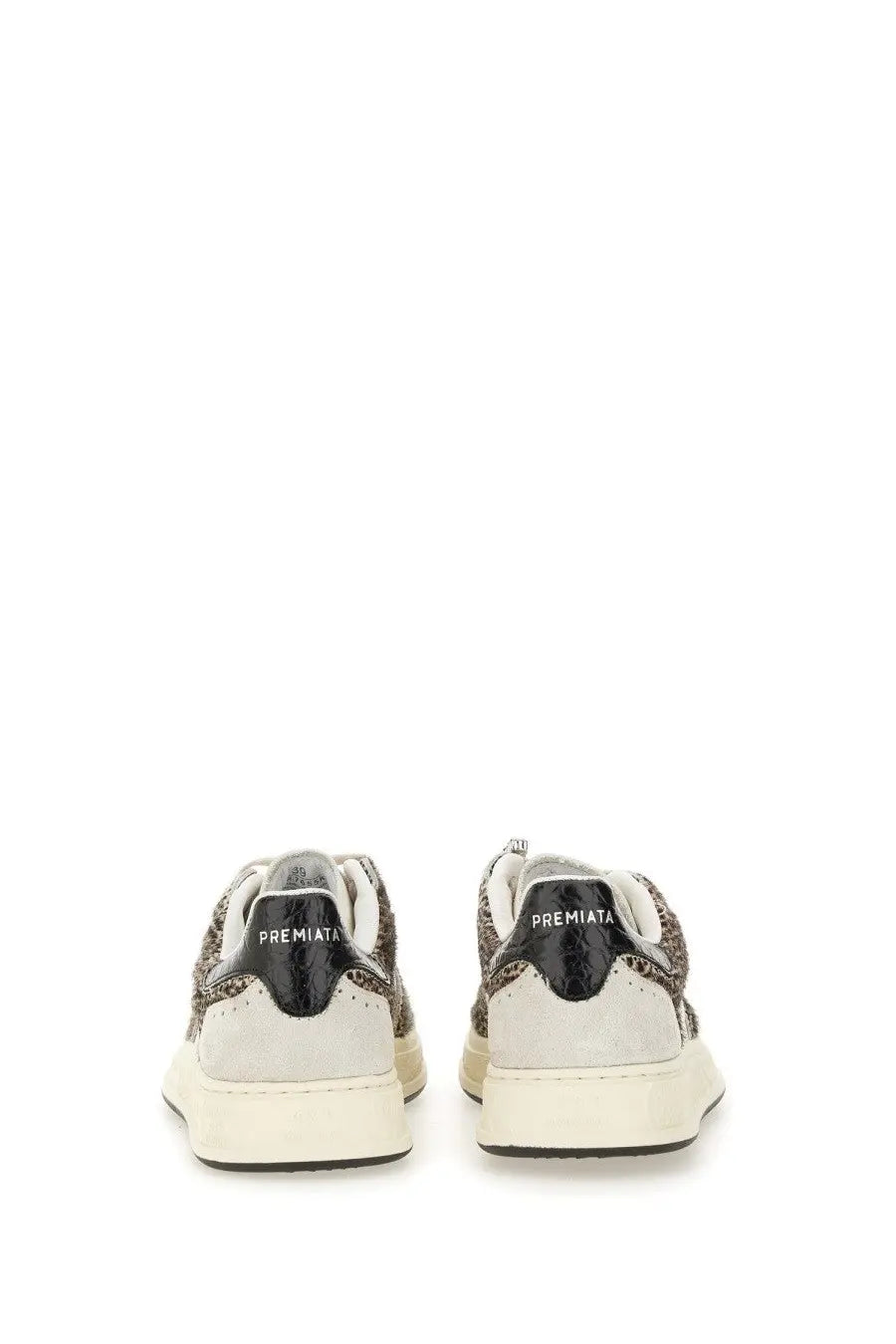 Premiata women’s sneaker Quinnd pattern with black and gray textured snake skin and white suede accents on off white sole