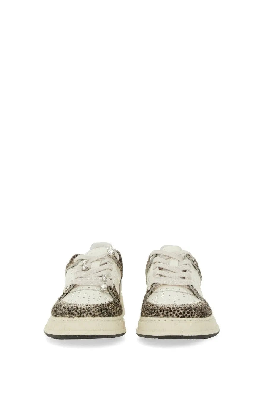 Premiata women’s sneaker Quinnd pattern with white and brown leopard print and silver hardware accents