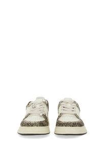 Premiata women’s sneaker Quinnd pattern with white and brown leopard print and silver hardware accents