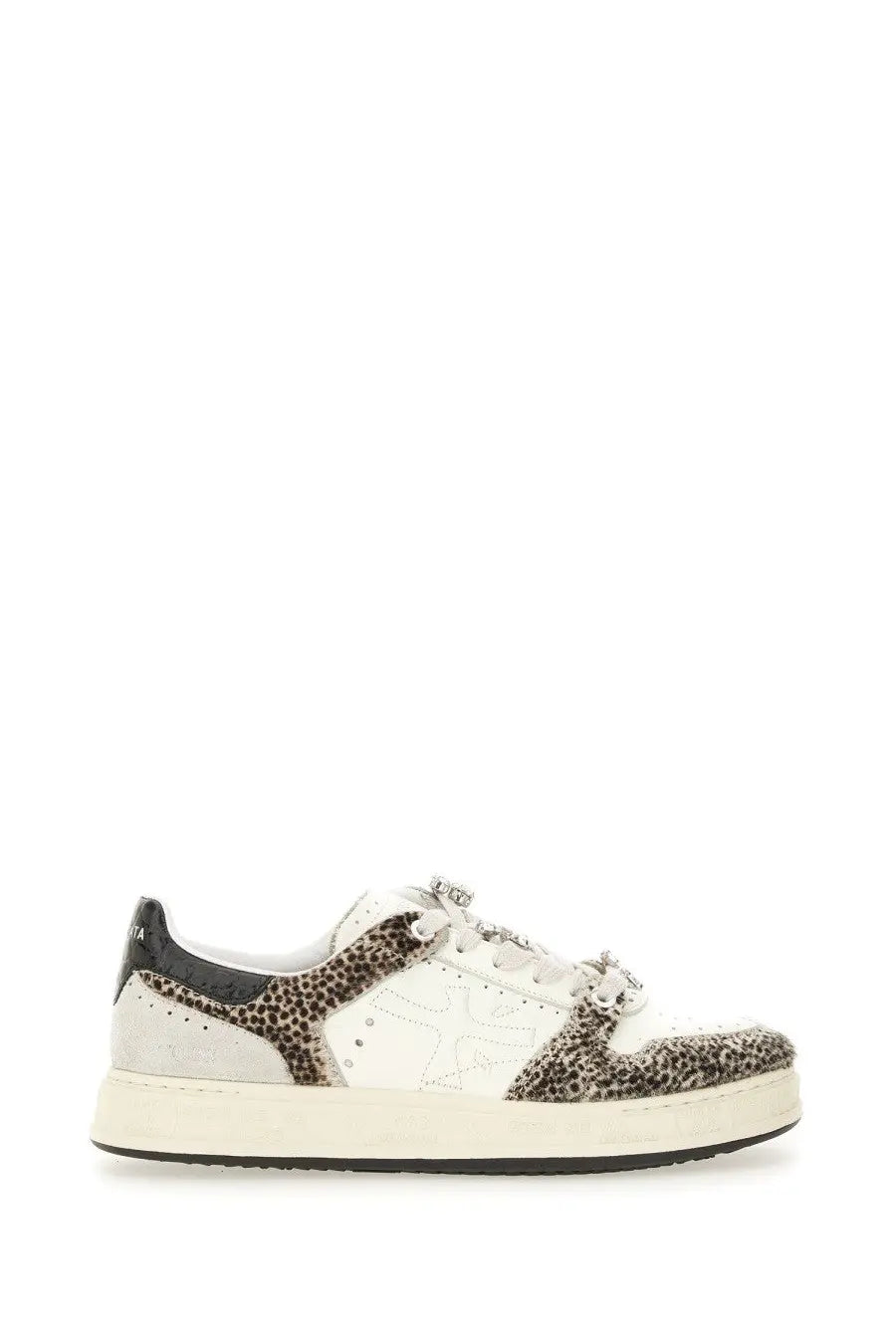 Premiata women’s sneaker quinnd pattern white and leopard-print suede low-top sneaker with silver hardware accents