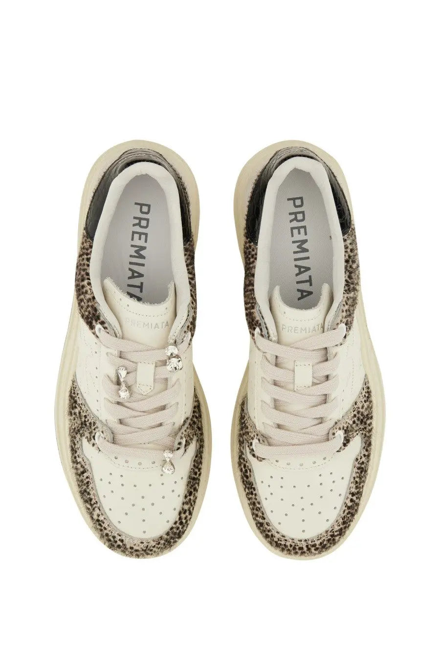 Premiata women’s sneaker Quinnd pattern white leather with leopard-print accents and crystal-embellished laces