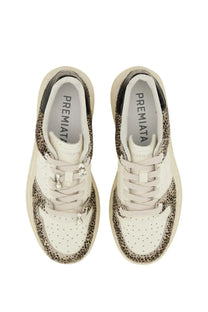 Premiata women’s sneaker Quinnd pattern white leather with leopard-print accents and crystal-embellished laces
