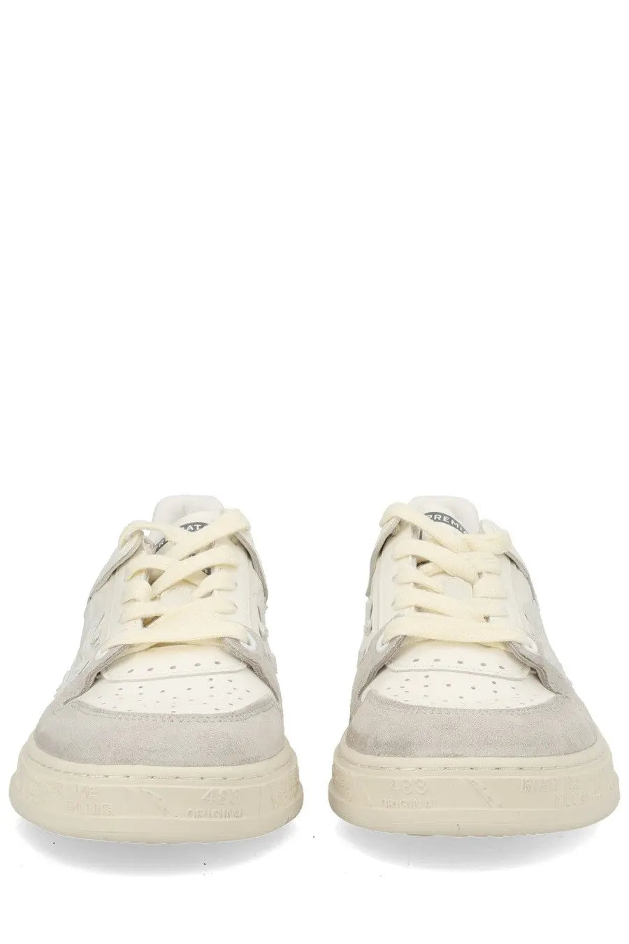Premiata women’s sneaker quinnd white cream-colored suede and leather low-top sneaker with perforated detailing