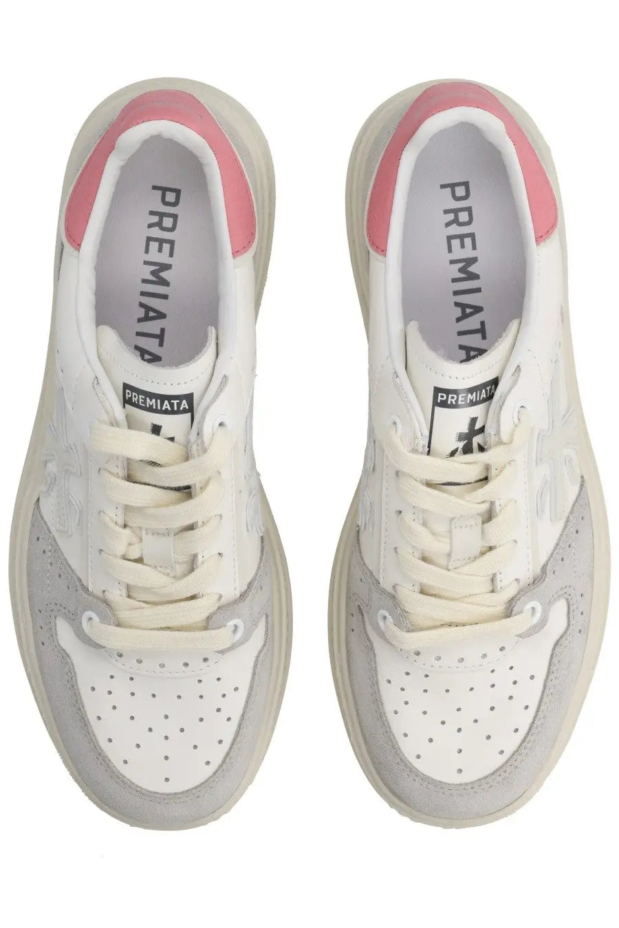 Premiata women’s sneaker quinnd white with white and gray leather and pink accents on the heel collar back view