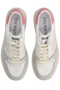 Premiata women’s sneaker quinnd white with white and gray leather and pink accents on the heel collar back view