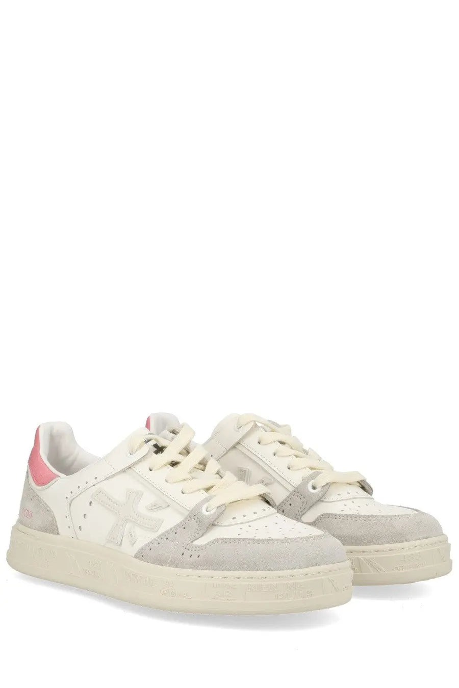 Premiata women’s sneaker Quinnd white in white and light gray suede with a subtle pink accent on the heel tab back view