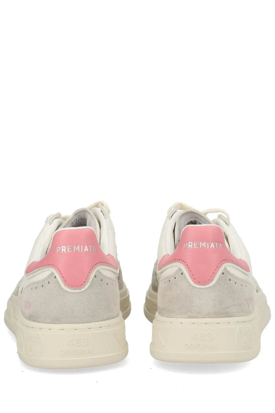 Premiata women’s sneaker quinnd white with white and pink suede upper stitched detailing and chunky off-white sole