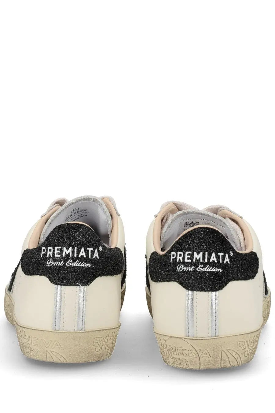 Premiata women’s sneaker stevend white cream color with black glitter heel tabs and silver side stripes
