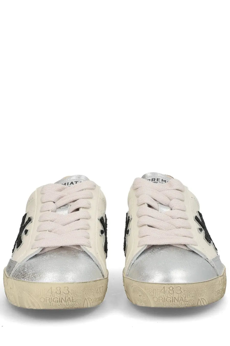 Premiata women’s sneaker stevend white cream suede and metallic silver low-top with black embroidered logos