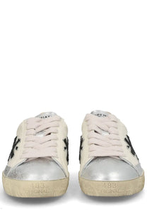 Premiata women’s sneaker stevend white cream suede and metallic silver low-top with black embroidered logos