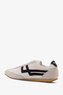 Pro-keds men’s racer leather sneakers in cream-colored suede and canvas with bold black stripes and gum rubber sole