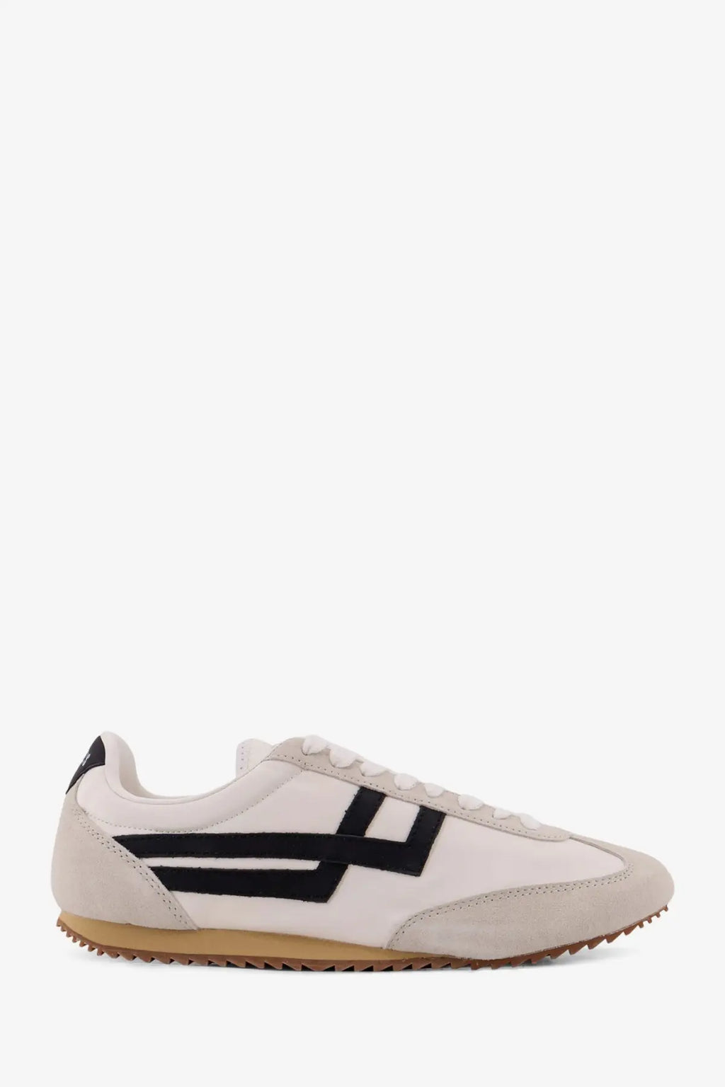 Pro-Keds men’s racer leather sneakers in white suede with bold black stripes and a tan rubber sole