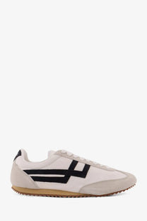 Pro-Keds men’s racer leather sneakers in white suede with bold black stripes and a tan rubber sole