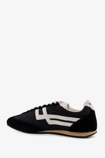 Pro-Keds men’s racer sneakers in black suede and nylon with white stripes and beige rubber sole