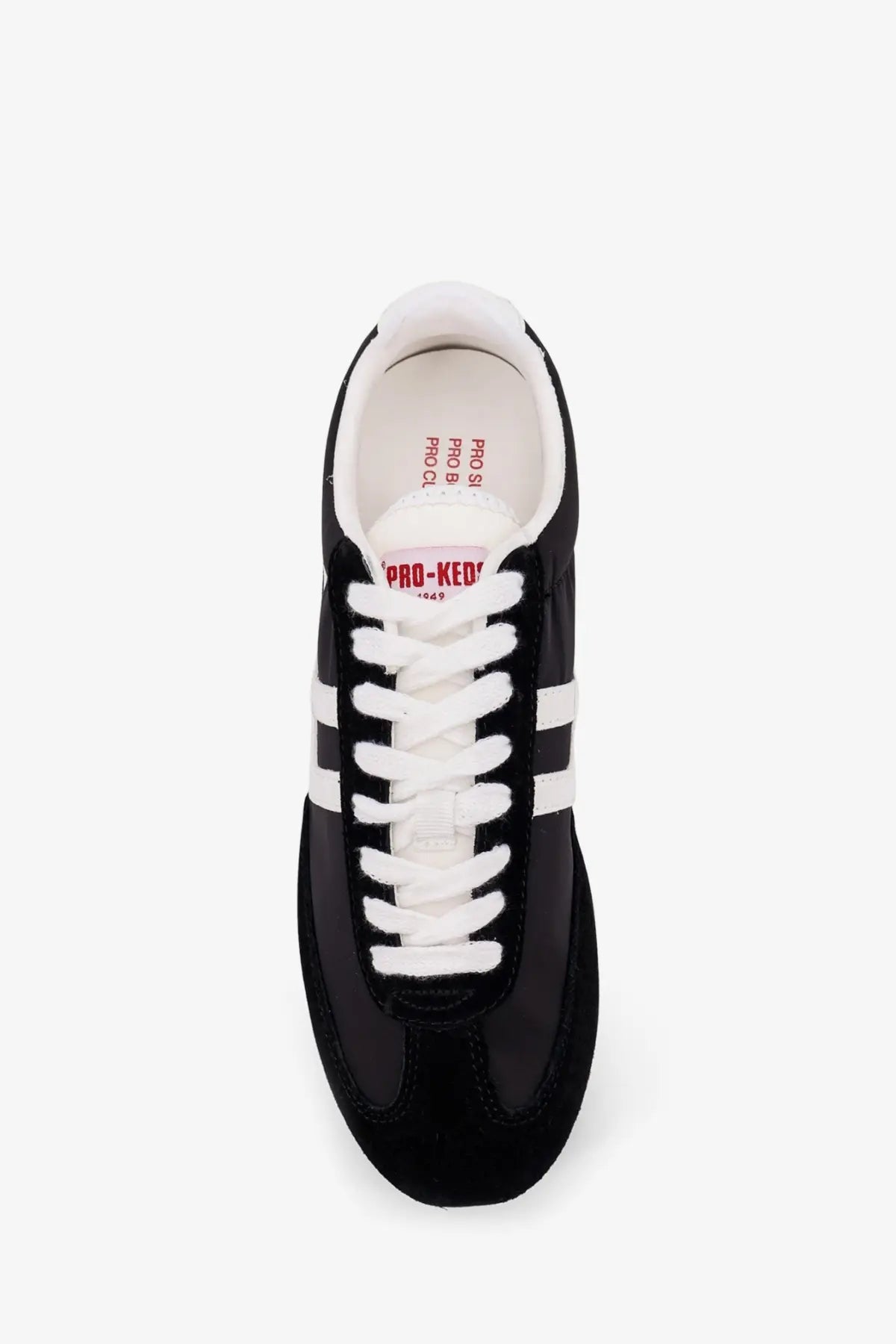 Pro-Keds men’s racer sneakers in black suede and nylon with white stripes laces and inner lining