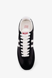 Pro-Keds men’s racer sneakers in black suede and nylon with white stripes laces and inner lining
