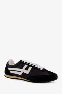 Pro-keds men’s racer sneakers in black suede and nylon with white laces bold white stripe and tan rubber sole