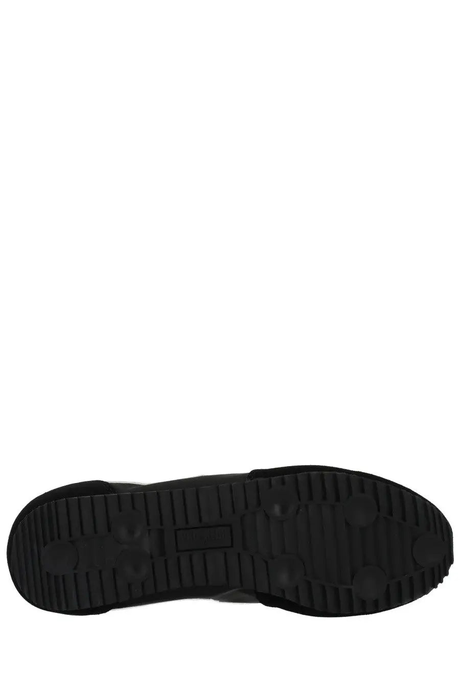 Black rubber sole with textured tread and small rectangular logo on pro-keds men’s reacer sneaker black back side