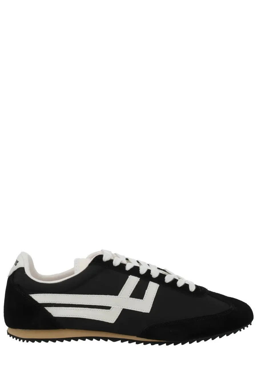 Pro-Keds men’s reacer sneaker black low-top with black suede and canvas upper bold white stripes and tan rubber sole