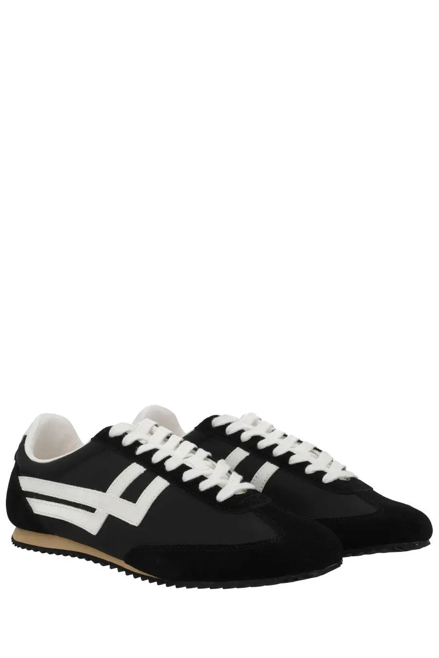 Pro-Keds men’s reacer sneaker in black with suede and canvas materials white laces bold stripe and tan rubber sole