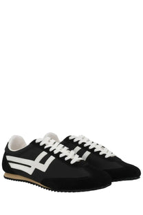 Pro-Keds men’s reacer sneaker in black with suede and canvas materials white laces bold stripe and tan rubber sole