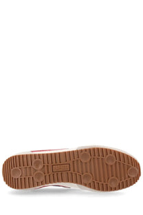 Pro-keds men’s reacer sneaker white low-top with pink accents and gum rubber sole featuring circular tread patterns