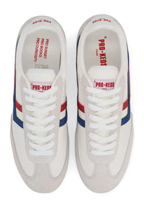 Pro-Keds men’s reacer sneaker white with classic retro design featuring red and blue stripe accents