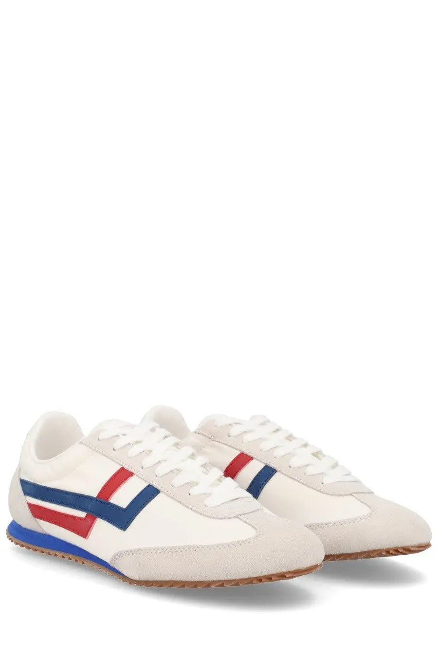 Pro-keds men’s reacer sneaker white suede with bold red and blue stripes and gum-colored rubber sole