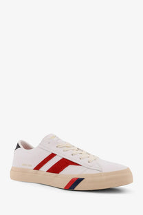 Pro-keds men’s royal classic leather white low-top sneaker with bold red and navy stripes and beige rubber sole