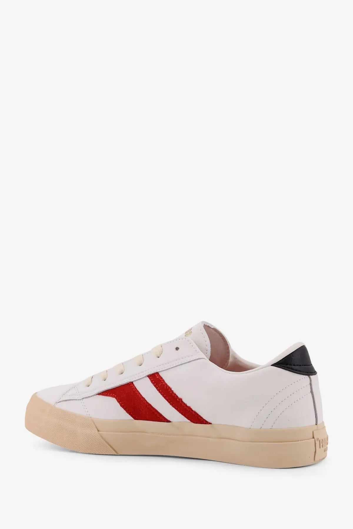 Pro-keds men’s royal classic leather sneakers in white with bold red stripes black heel tab and tan rubber sole