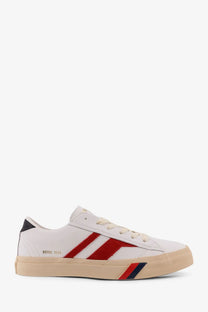 Pro-Keds men’s Royal Classic leather sneakers in white with red and navy stripes and beige rubber sole