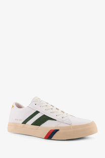Pro keds men’s royal classic leather sneakers white canvas with green and red stripes and beige rubber sole