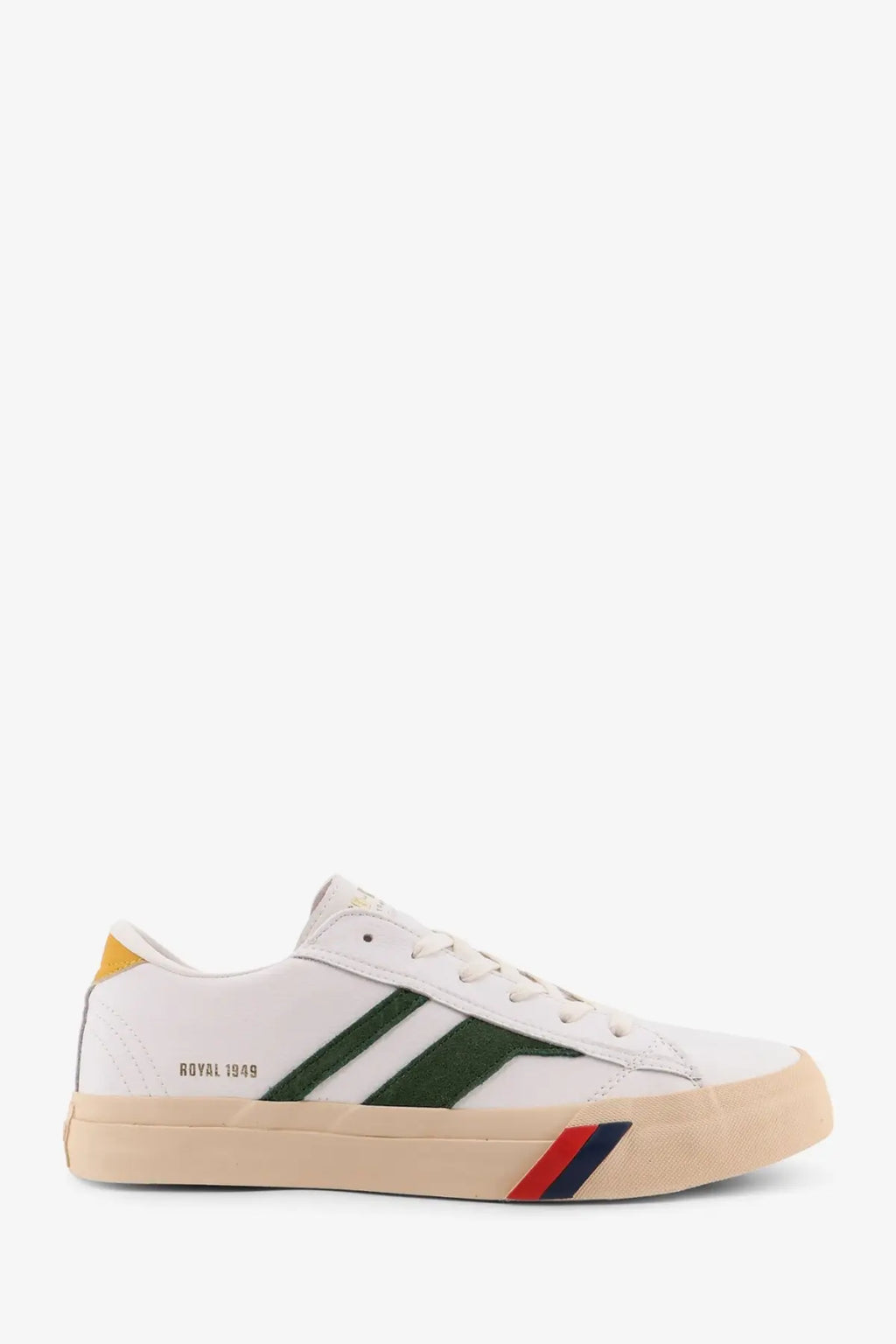 Pro-keds men’s royal classic leather sneakers white low-top with green and red stripes beige sole and yellow heel tab
