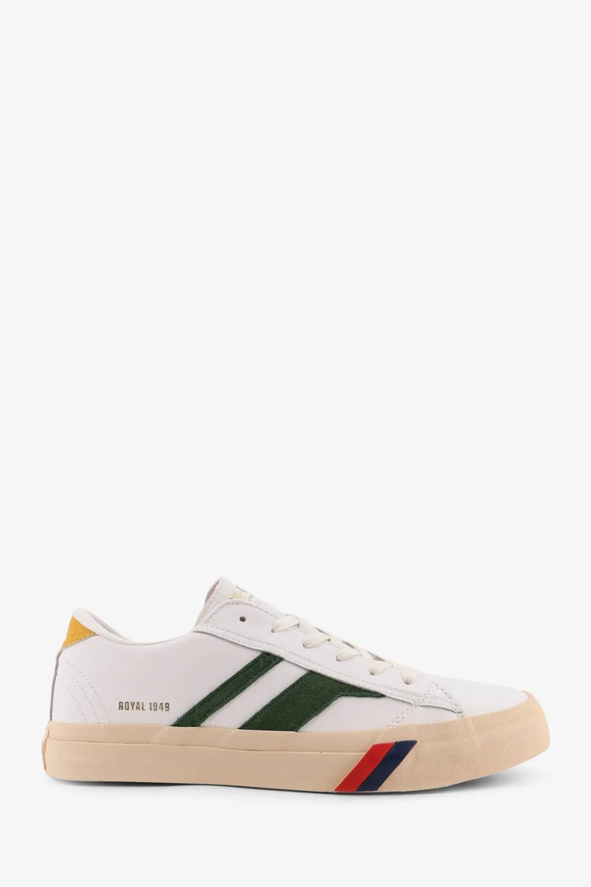 Pro-keds men’s royal classic leather sneakers white low-top with green and red stripes beige sole and yellow heel tab