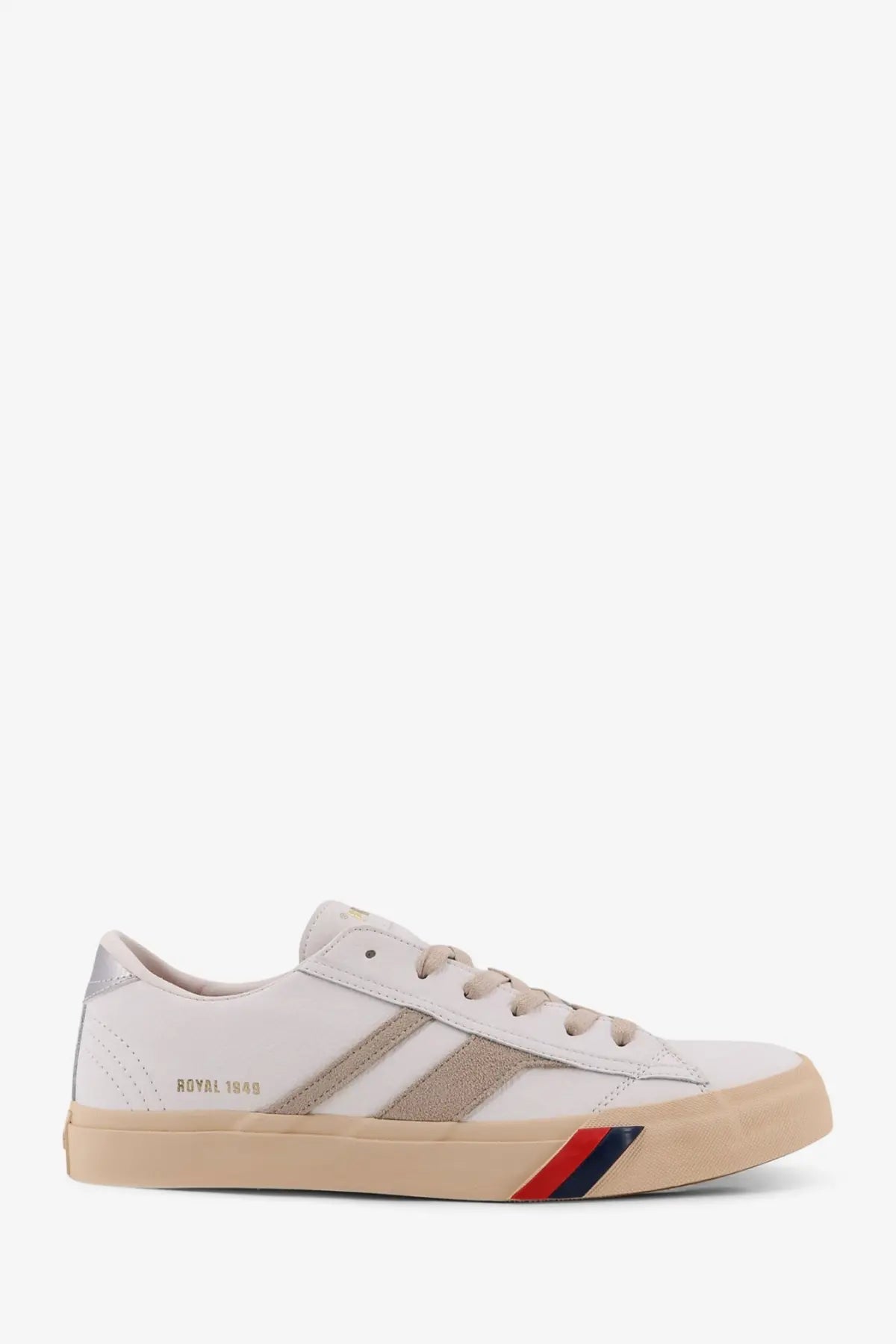 Pro-Keds men’s royal classic leather sneaker in white with beige and red-blue striped accents on side and sole