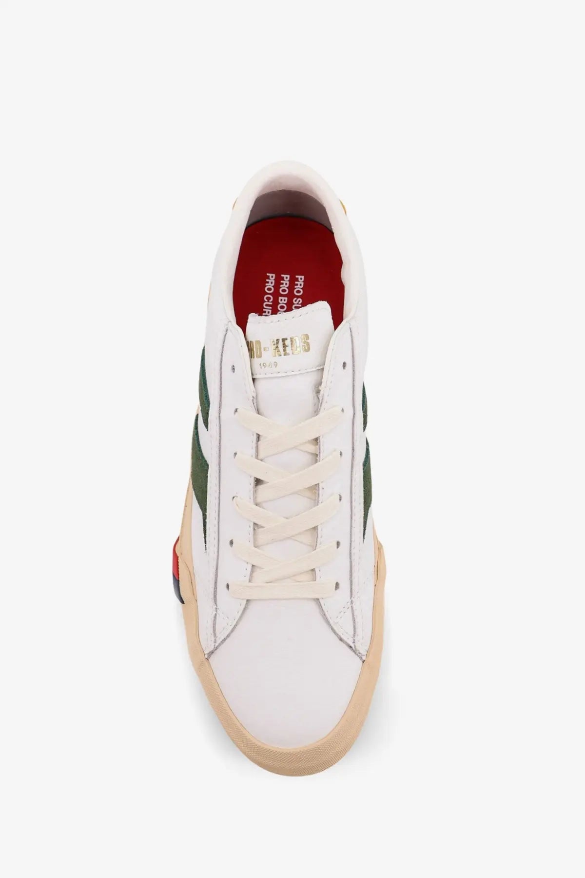Pro-Keds men’s royal classic leather sneakers white low-top with green side stripes tan rubber sole and gold branding