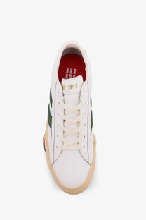 Pro-Keds men’s royal classic leather sneakers white low-top with green side stripes tan rubber sole and gold branding