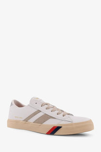 Pro-keds men’s royal classic leather sneaker in white with beige laces tan sole and red blue heel stripe shown from back