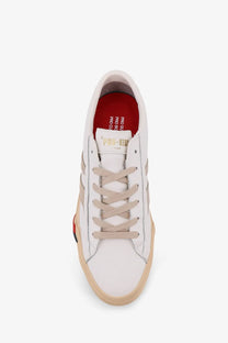 Pro-Keds men’s royal classic leather sneakers in white with white leather, beige laces, and tan rubber sole