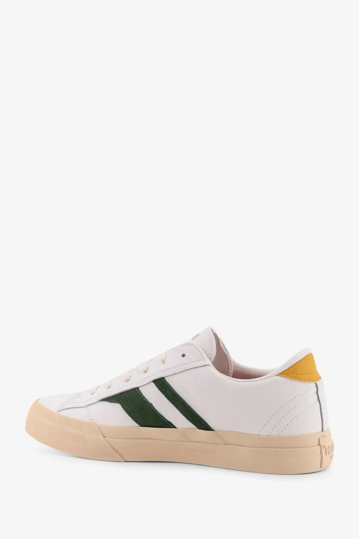 Pro-keds men’s royal classic leather sneakers white with green stripes and yellow heel tab on white leather