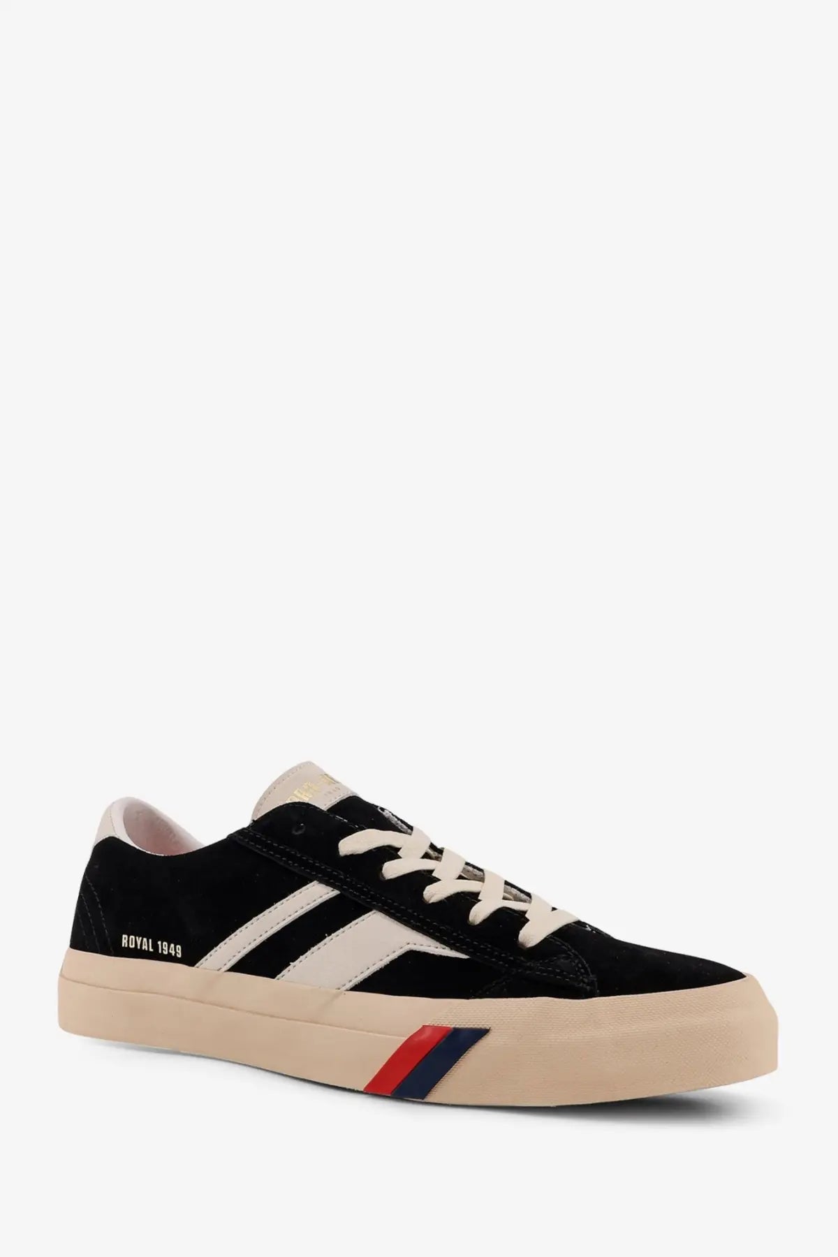 Pro-keds men’s royal classic suede sneakers black low-top with white stripes and beige sole with red and blue accents